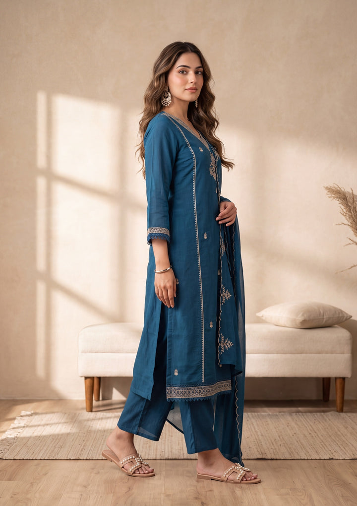 Peacock Blue Zariwork Chanderi Readymade Salwar Suit