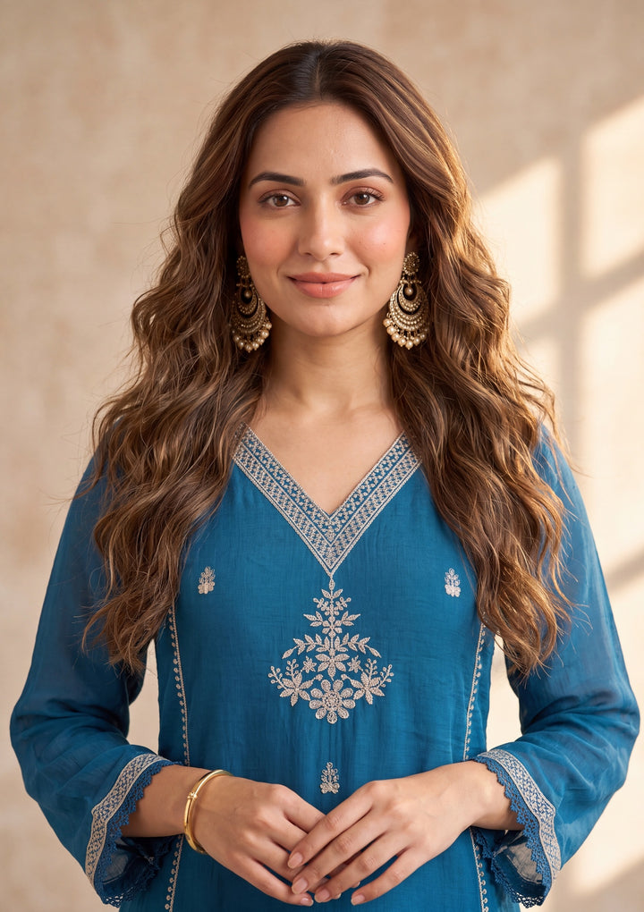 Peacock Blue Zariwork Chanderi Readymade Salwar Suit