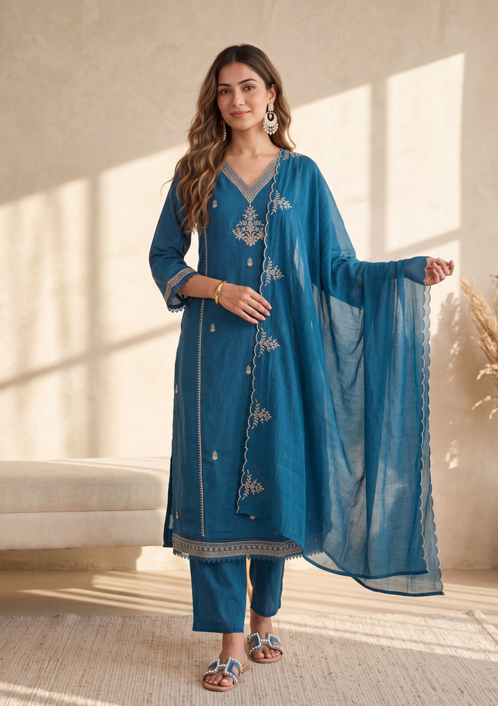 Peacock Blue Zariwork Chanderi Readymade Salwar Suit