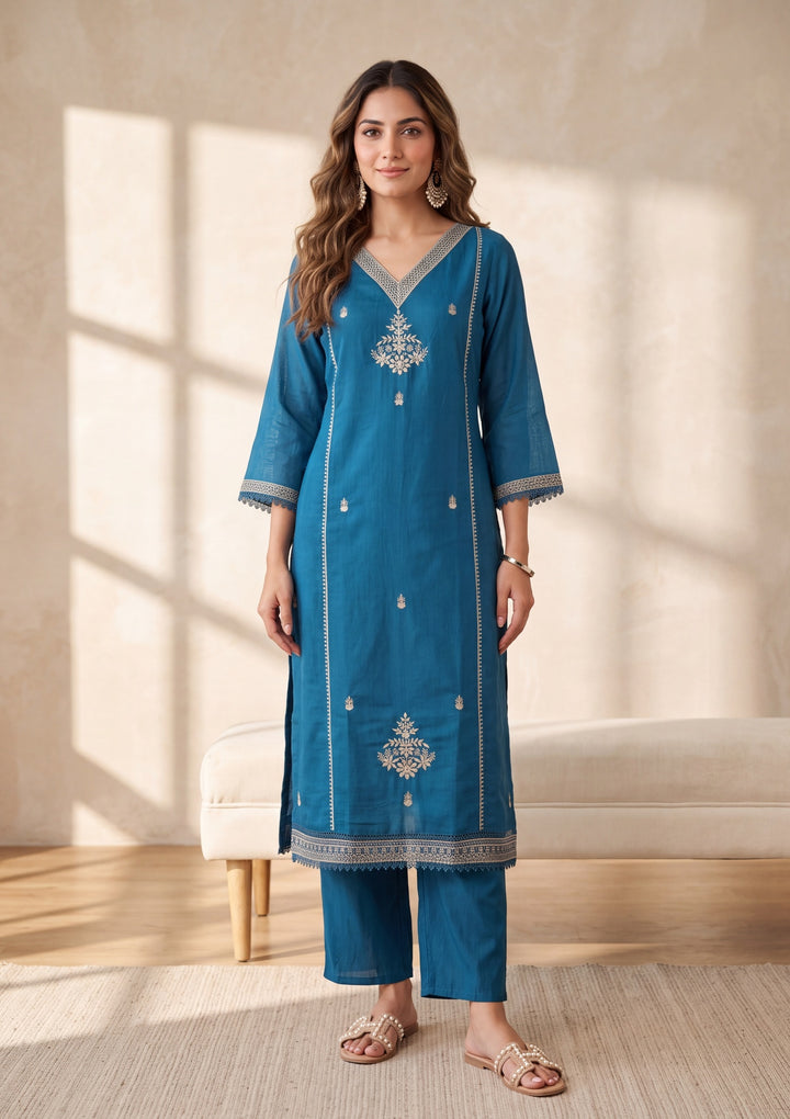 Peacock Blue Zariwork Chanderi Readymade Salwar Suit