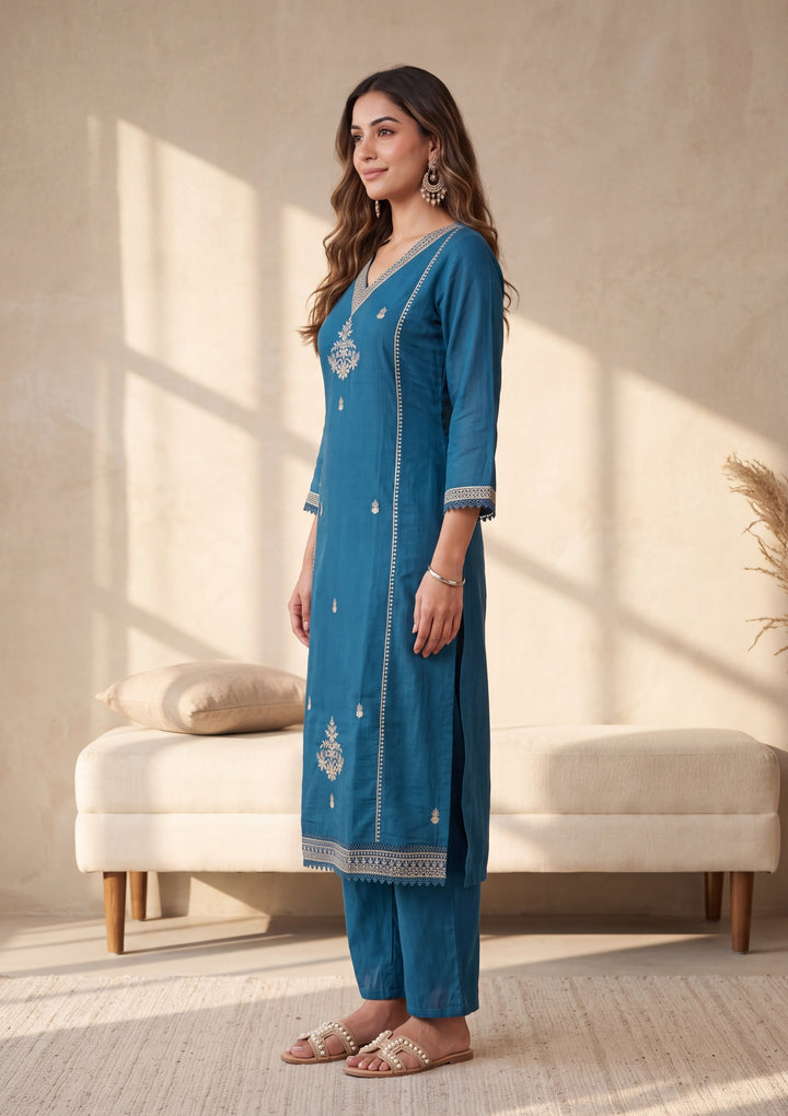 Peacock Blue Zariwork Chanderi Readymade Salwar Suit