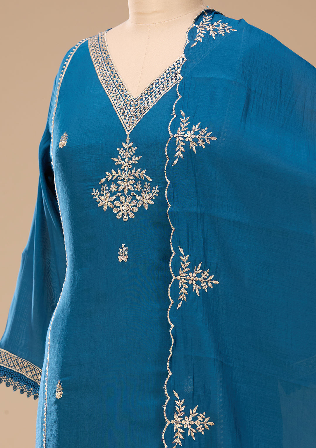 Peacock Blue Zariwork Chanderi Readymade Salwar Suit