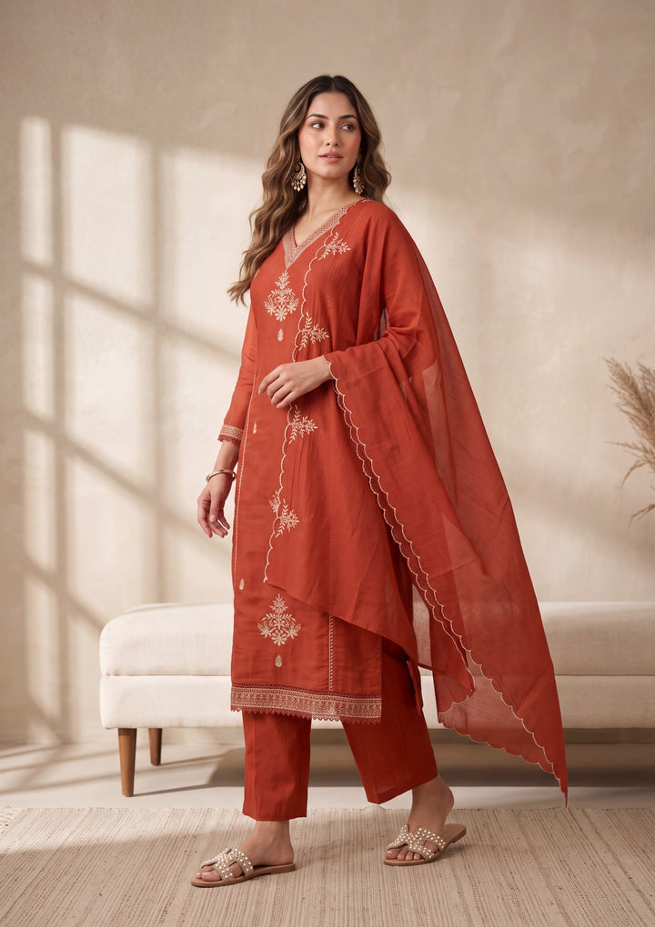 Rust Zariwork Chanderi Readymade Salwar Suit
