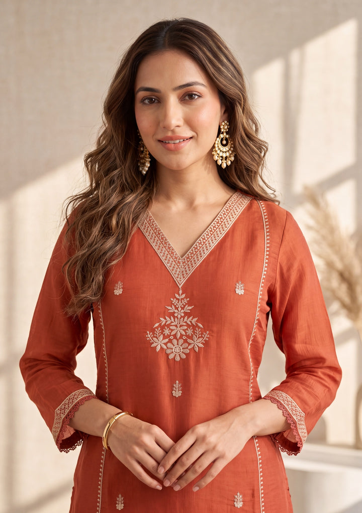 Rust Zariwork Chanderi Readymade Salwar Suit