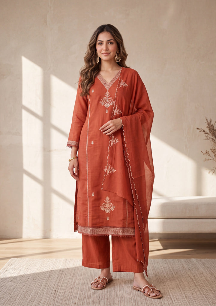 Rust Zariwork Chanderi Readymade Salwar Suit