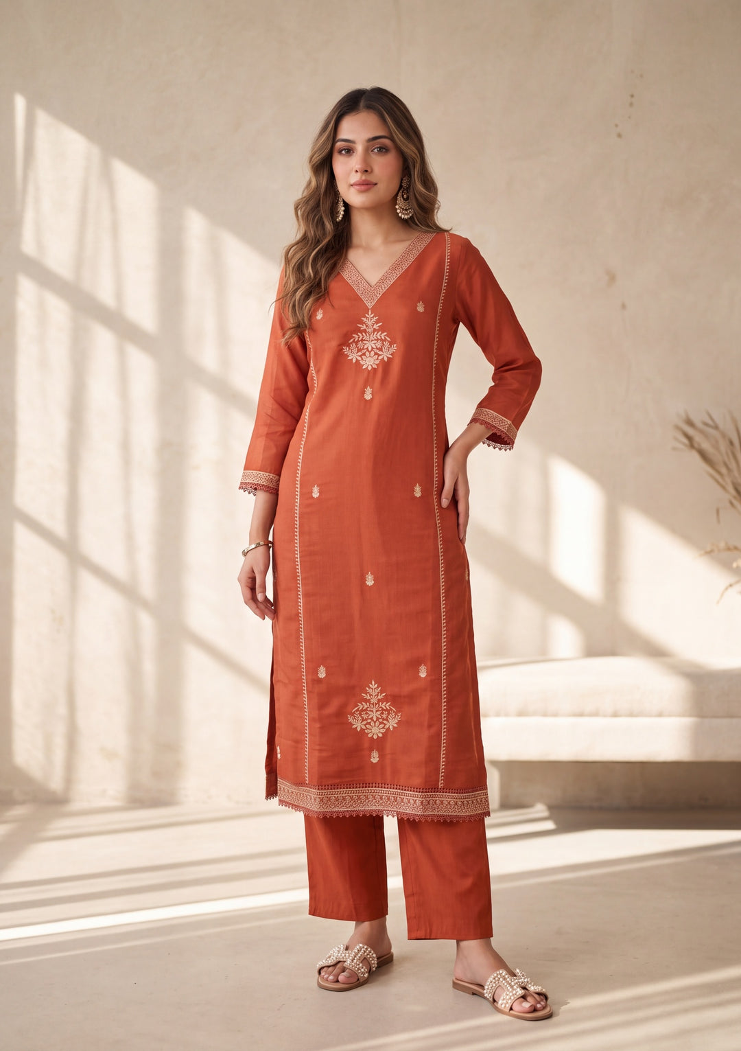 Rust Zariwork Chanderi Readymade Salwar Suit