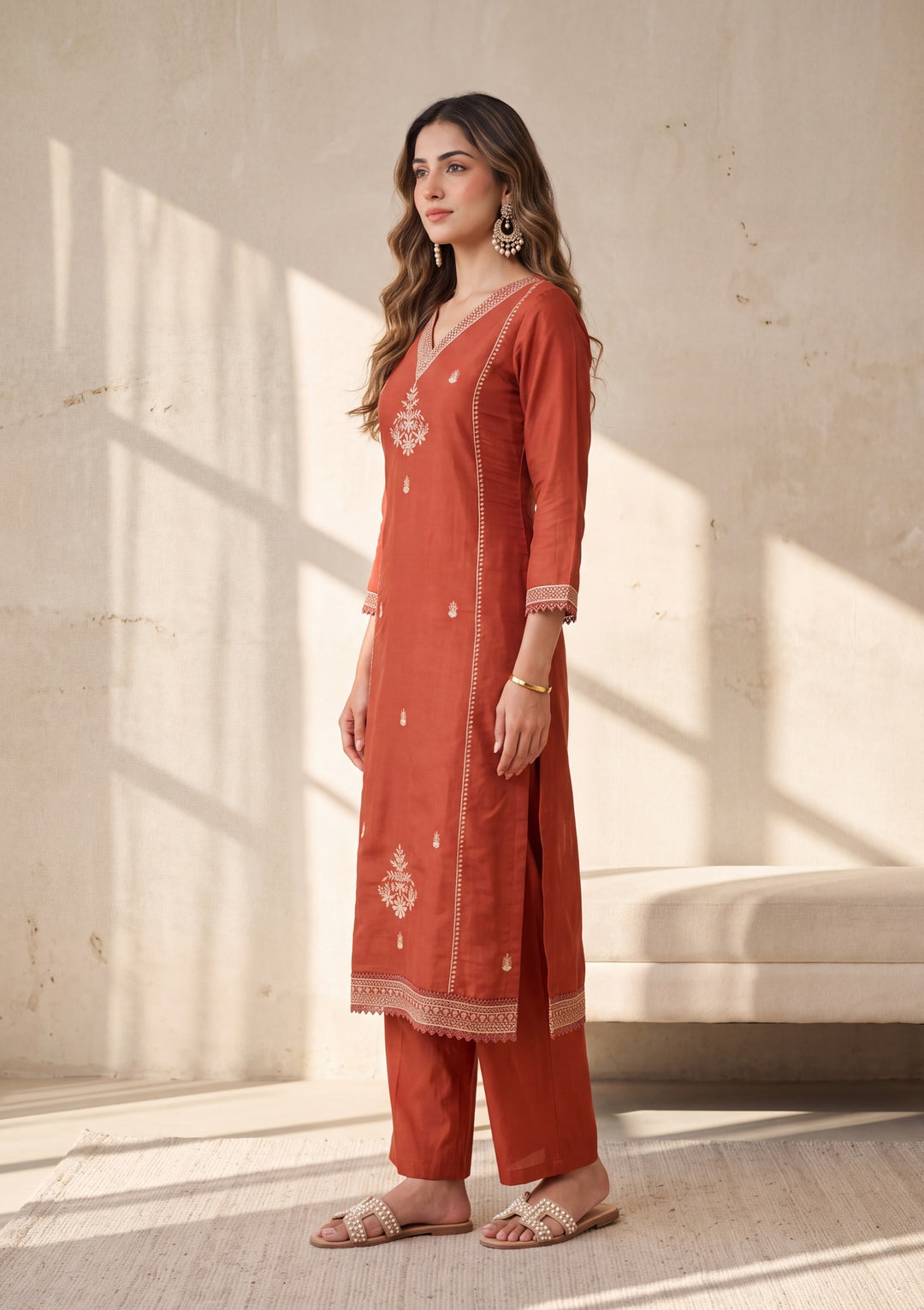 Rust Zariwork Chanderi Readymade Salwar Suit