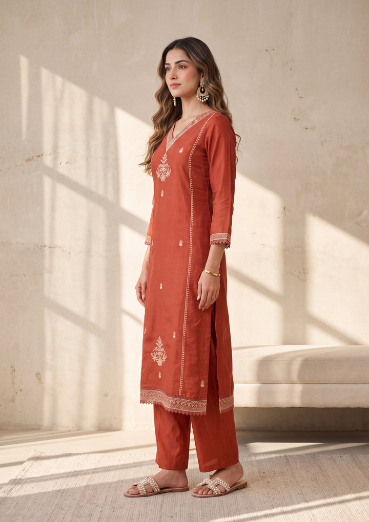 Rust Zariwork Chanderi Readymade Salwar Suit