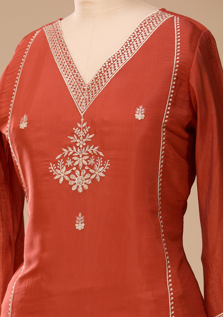 Rust Zariwork Chanderi Readymade Salwar Suit