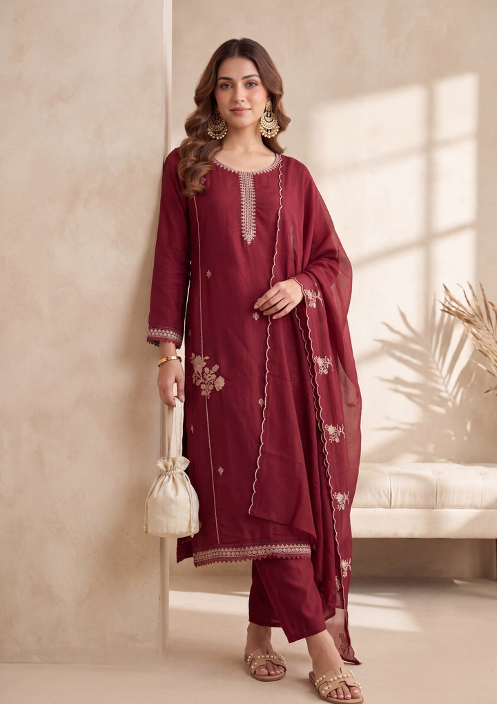 Maroon Threadwork Chanderi Readymade Salwar Suit