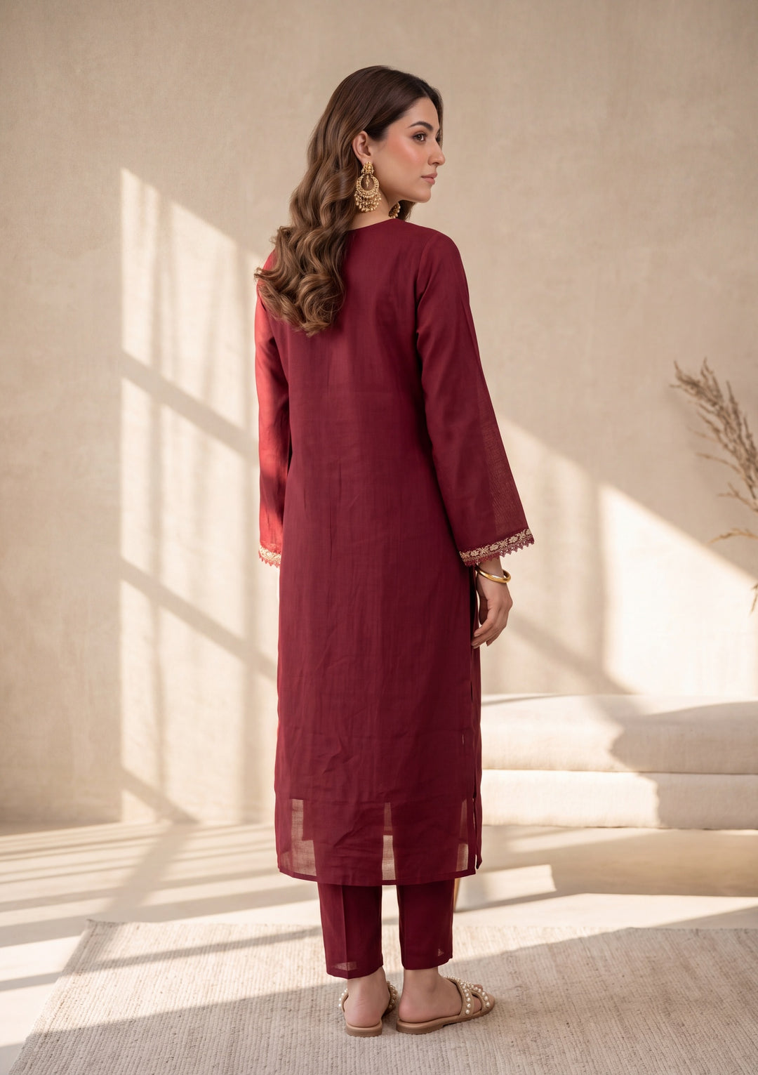 Maroon Threadwork Chanderi Readymade Salwar Suit
