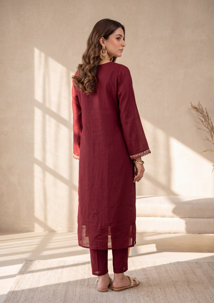 Maroon Threadwork Chanderi Readymade Salwar Suit