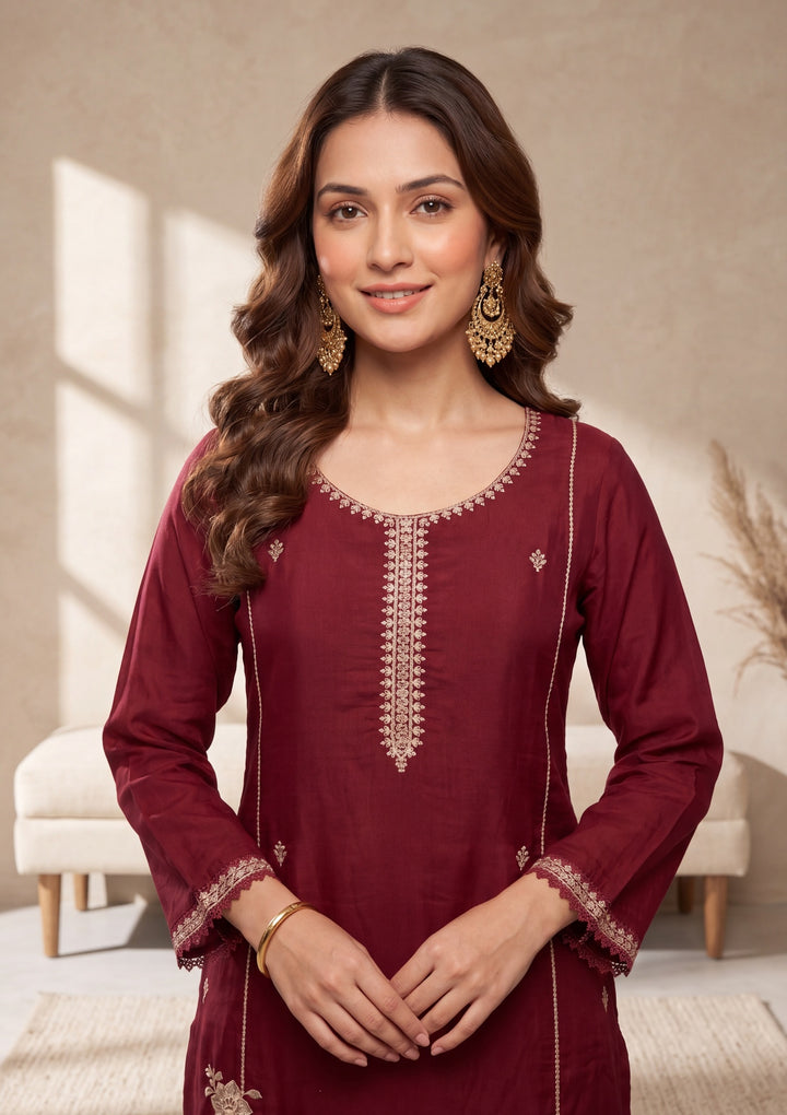 Maroon Threadwork Chanderi Readymade Salwar Suit