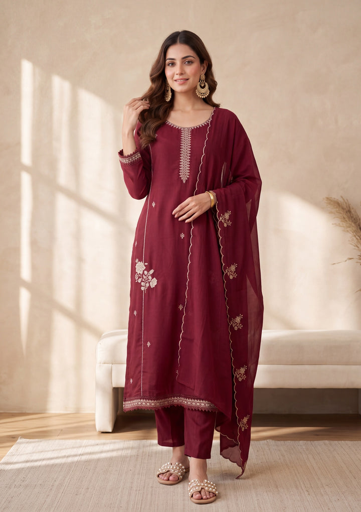 Maroon Threadwork Chanderi Readymade Salwar Suit