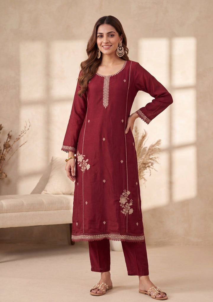 Maroon Threadwork Chanderi Readymade Salwar Suit