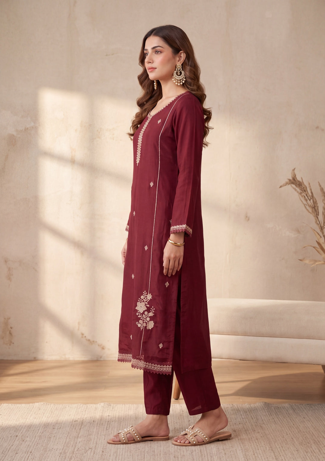 Maroon Threadwork Chanderi Readymade Salwar Suit