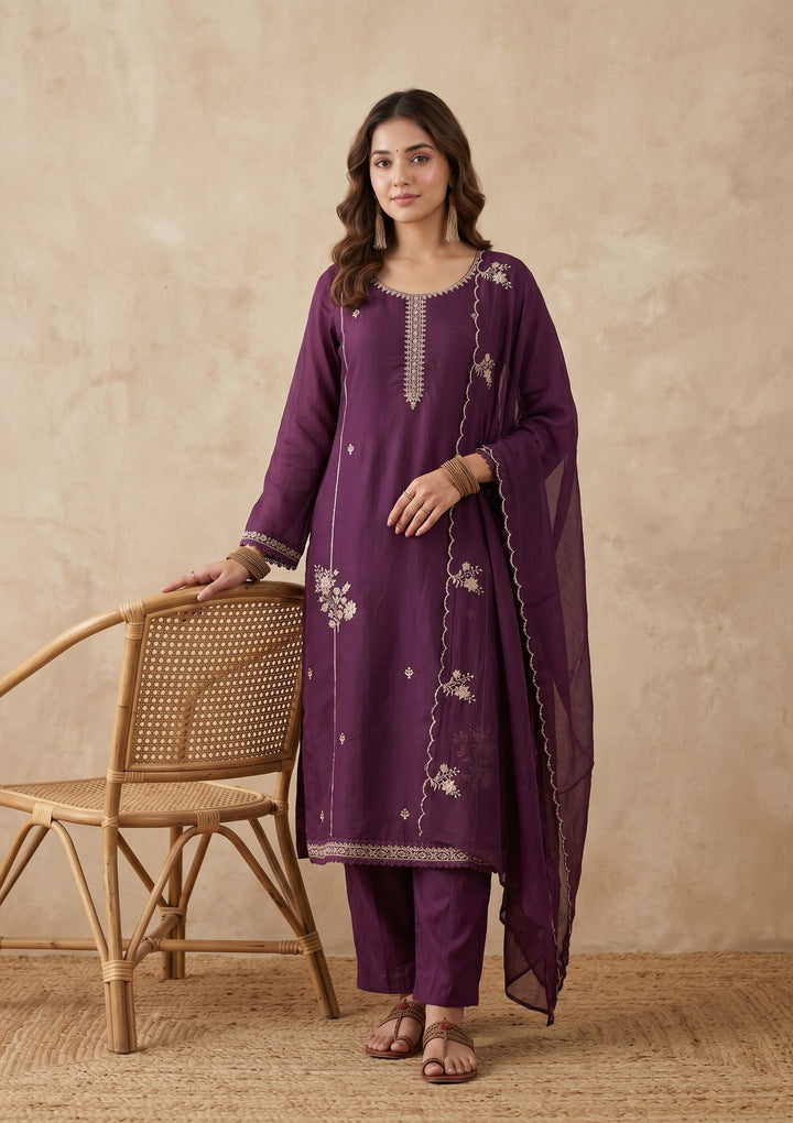 Purple Threadwork Chanderi Readymade Salwar Suit