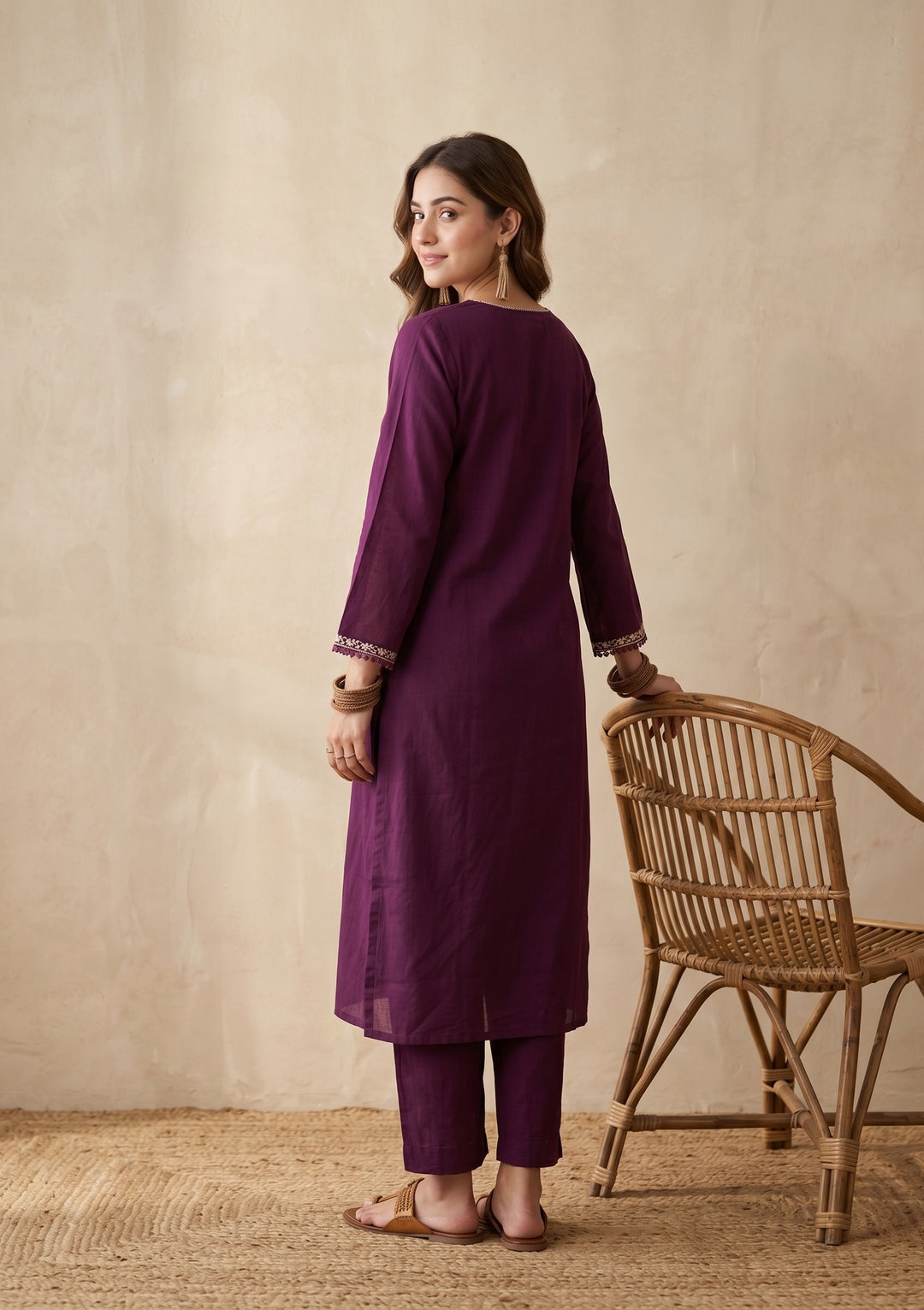 Purple Threadwork Chanderi Readymade Salwar Suit