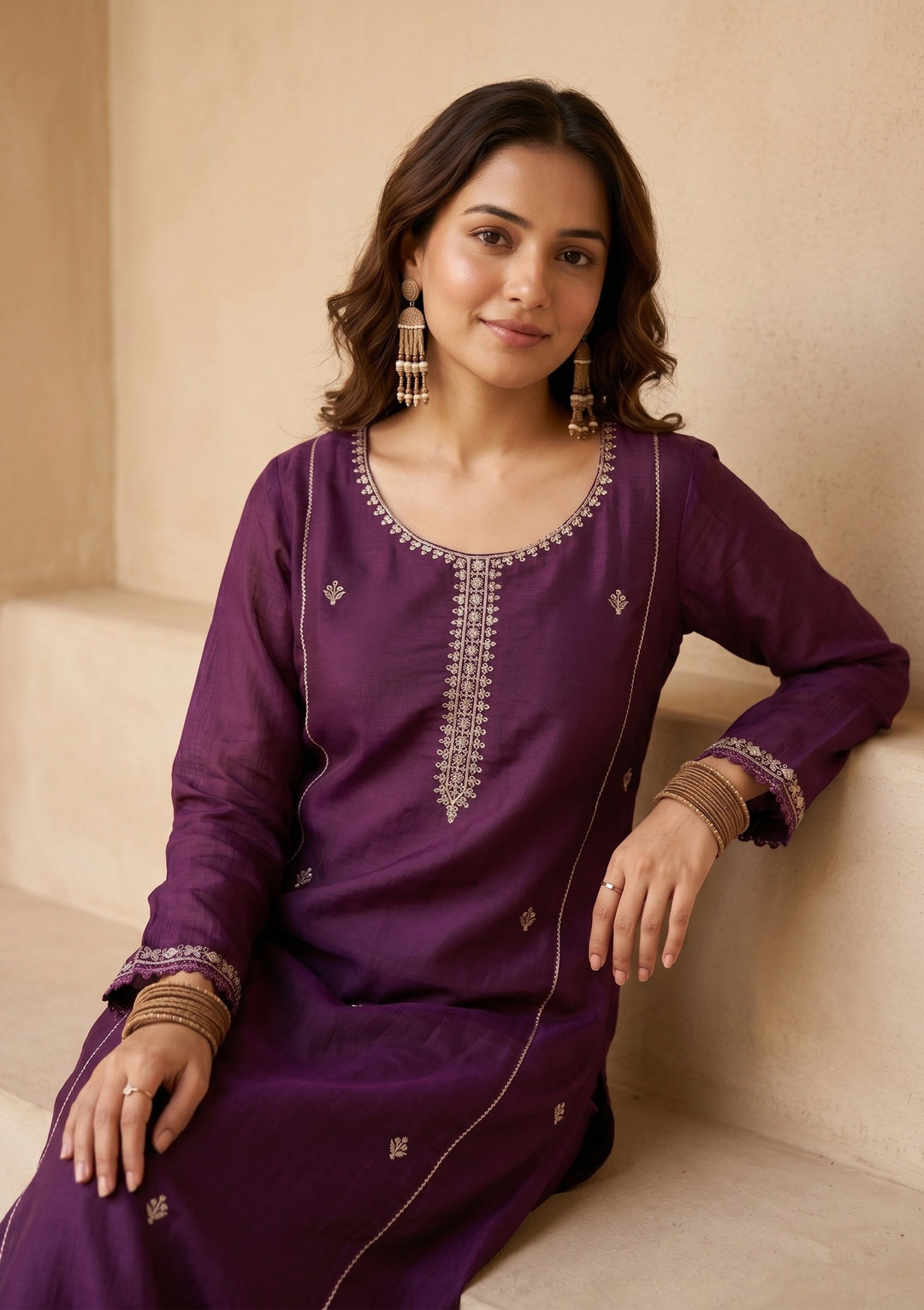 Purple Threadwork Chanderi Readymade Salwar Suit