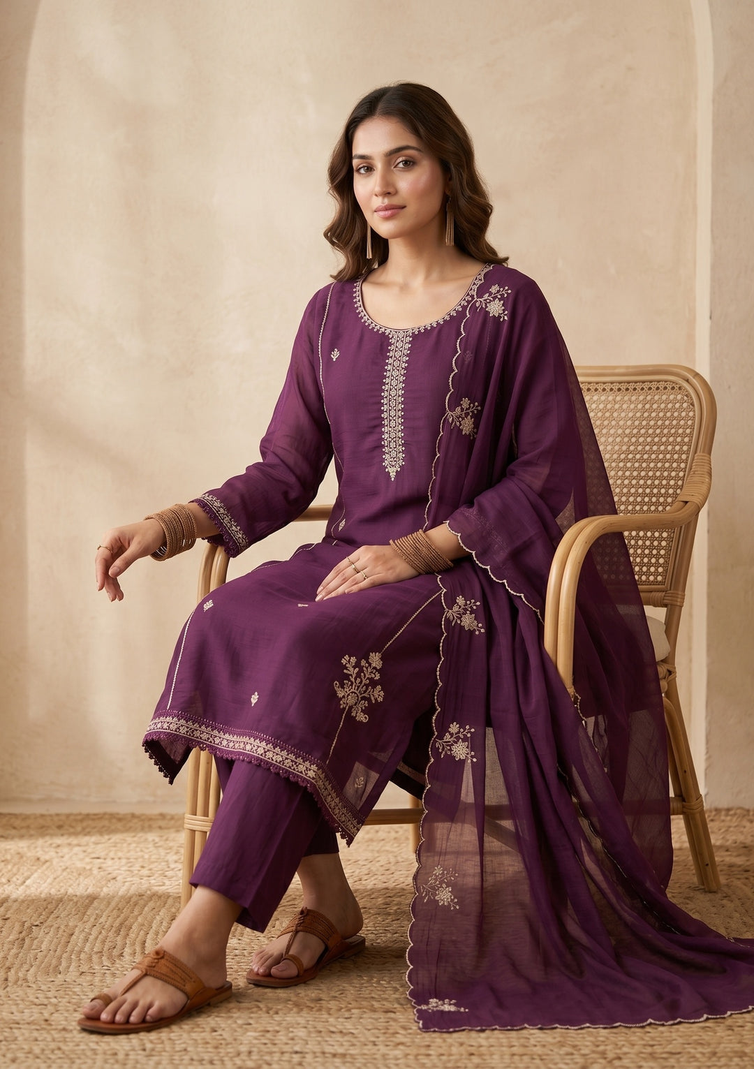 Purple Threadwork Chanderi Readymade Salwar Suit