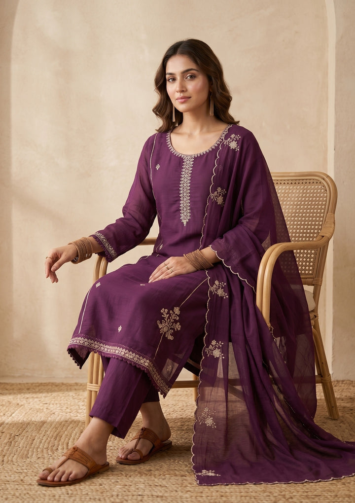 Purple Threadwork Chanderi Readymade Salwar Suit