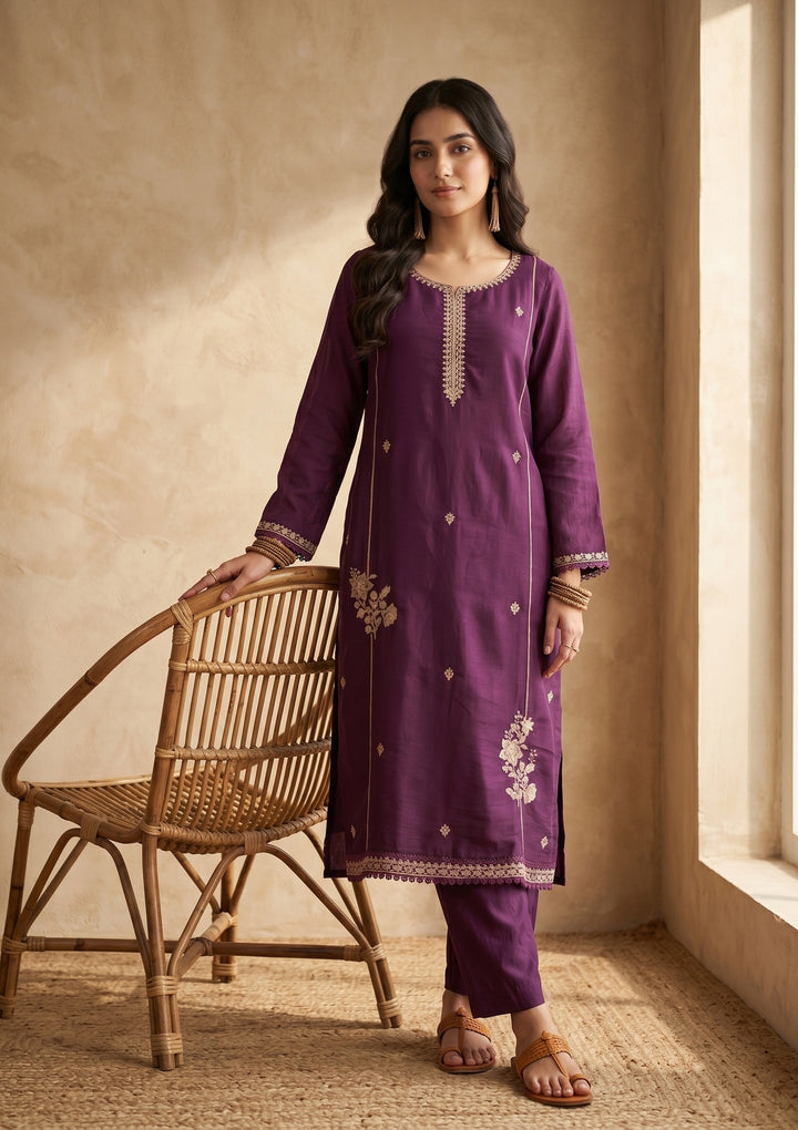 Purple Threadwork Chanderi Readymade Salwar Suit