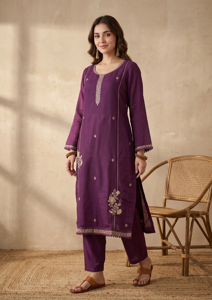 Purple Threadwork Chanderi Readymade Salwar Suit