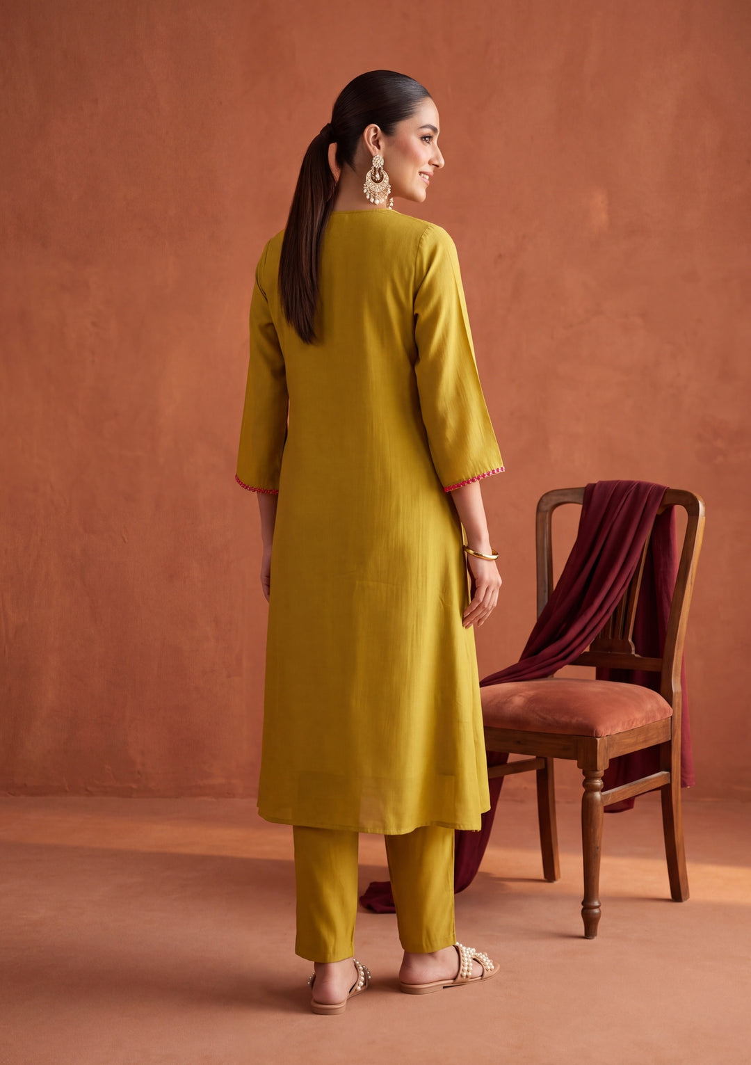 Mustard Yellow Threadwork Chanderi Readymade Salwar Suit
