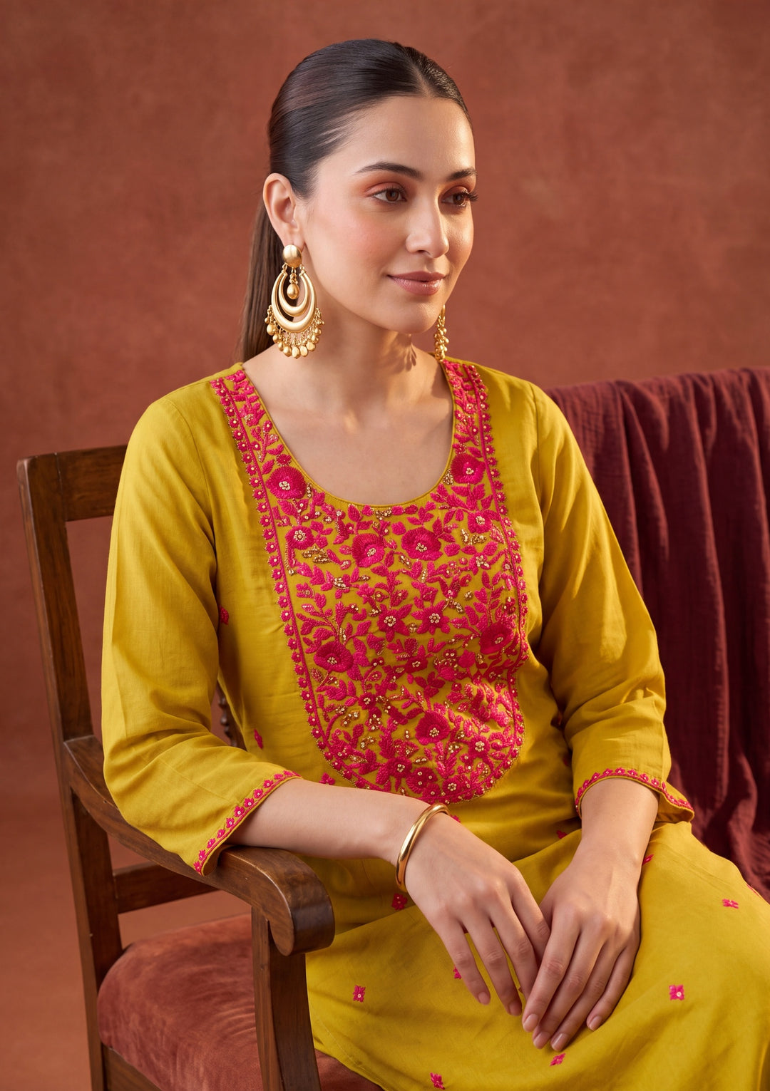 Mustard Yellow Threadwork Chanderi Readymade Salwar Suit