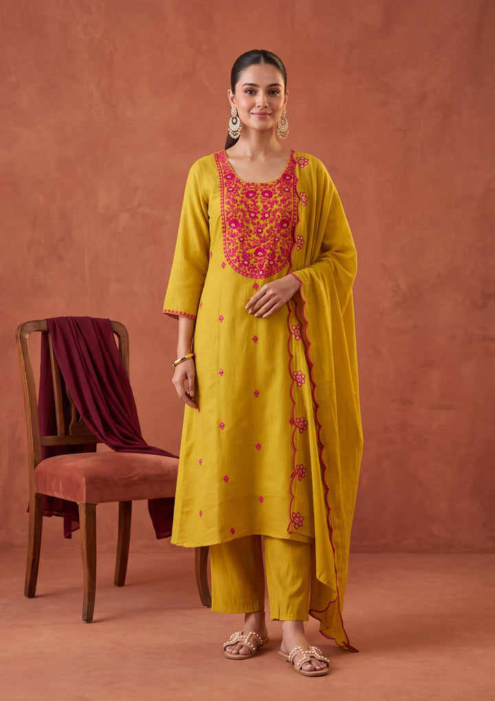 Mustard Yellow Threadwork Chanderi Readymade Salwar Suit