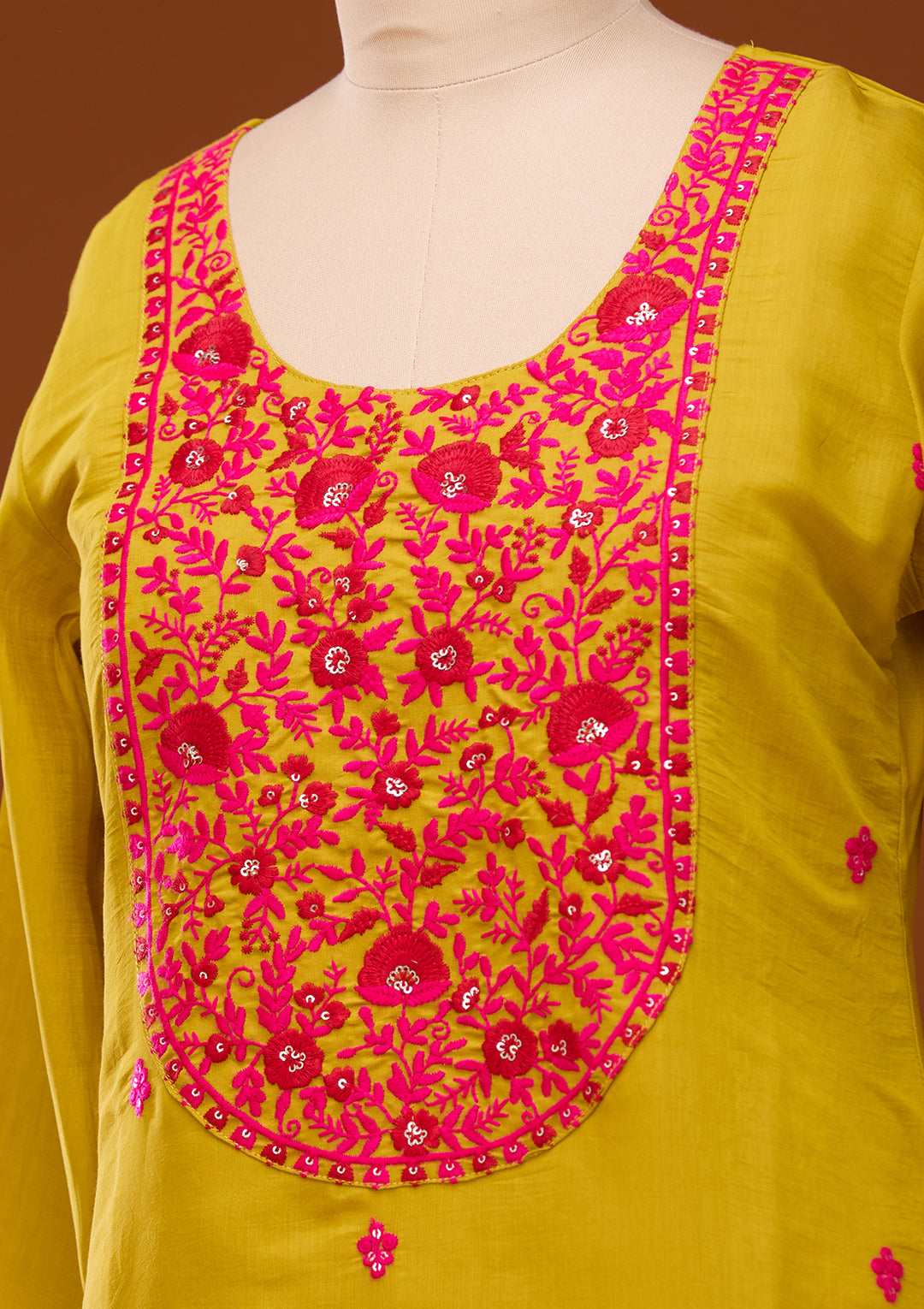Mustard Yellow Threadwork Chanderi Readymade Salwar Suit