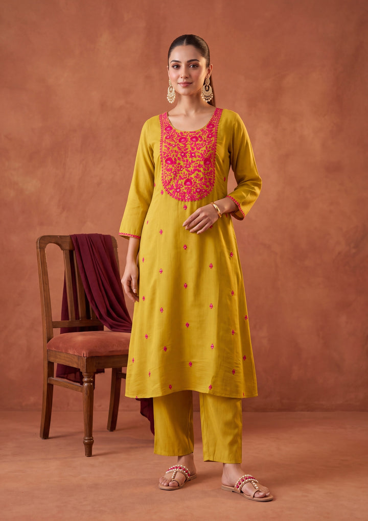Mustard Yellow Threadwork Chanderi Readymade Salwar Suit