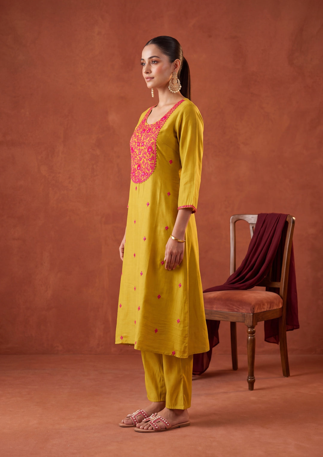 Mustard Yellow Threadwork Chanderi Readymade Salwar Suit