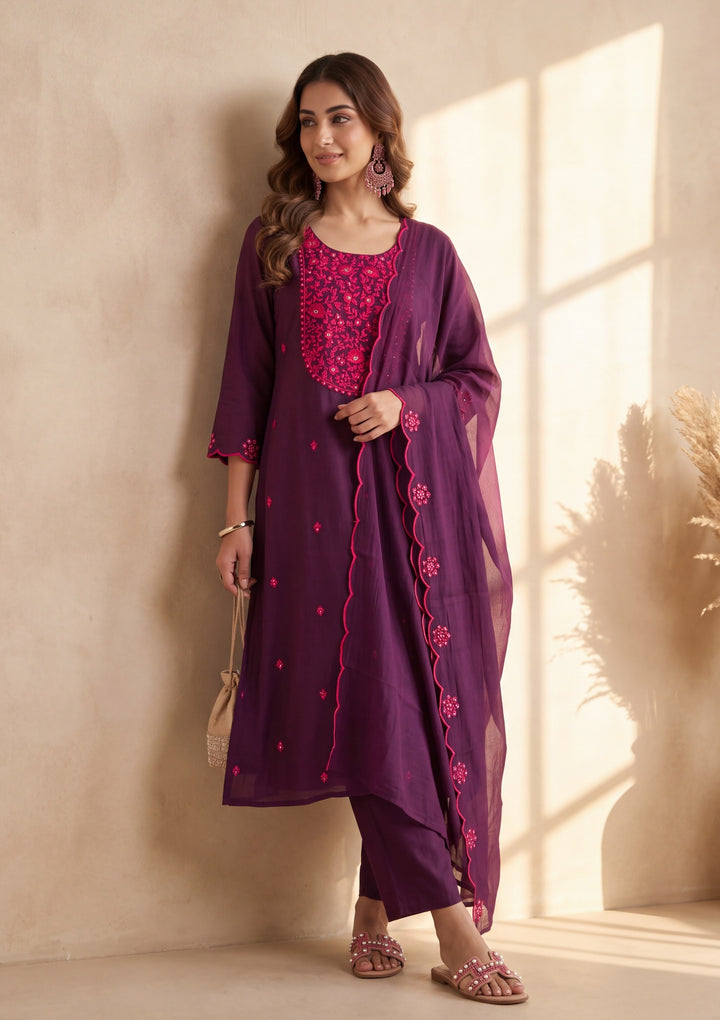 Wine Threadwork Chanderi Readymade Salwar Suit
