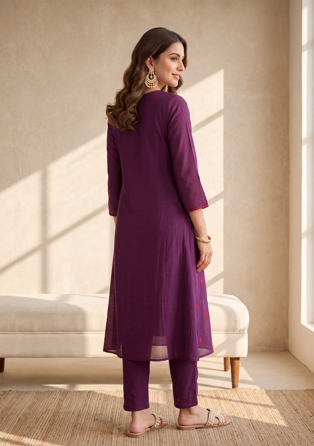 Wine Threadwork Chanderi Readymade Salwar Suit