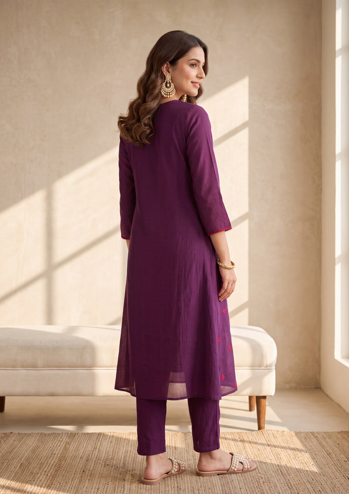 Wine Threadwork Chanderi Readymade Salwar Suit