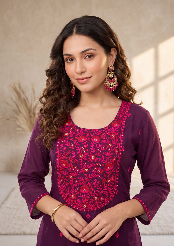 Wine Threadwork Chanderi Readymade Salwar Suit