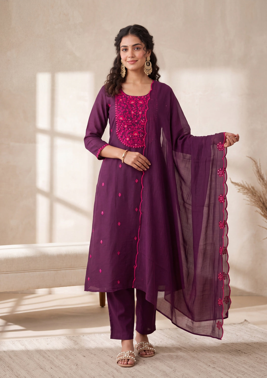 Wine Threadwork Chanderi Readymade Salwar Suit