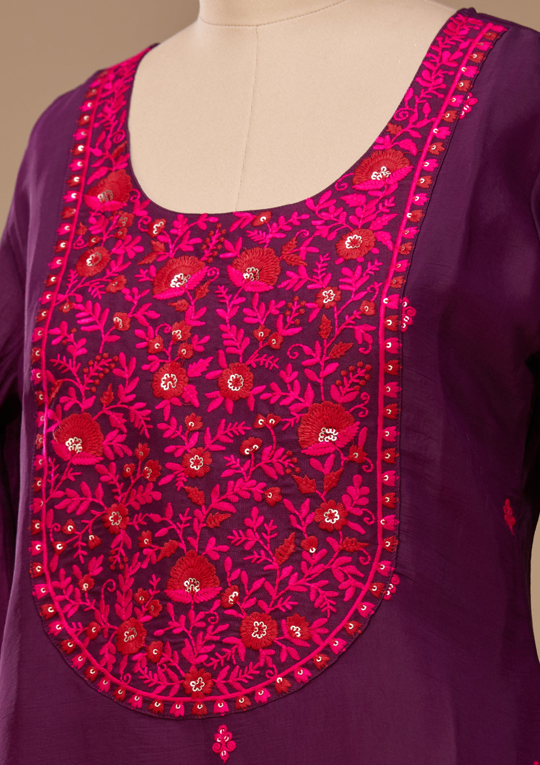 Wine Threadwork Chanderi Readymade Salwar Suit