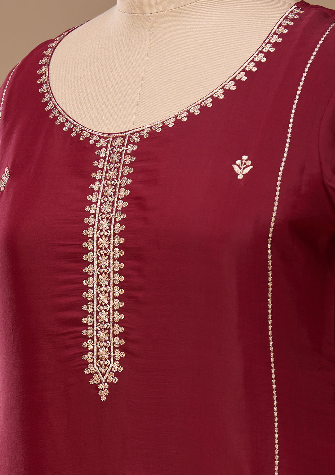Maroon Threadwork Chanderi Readymade Salwar Suit