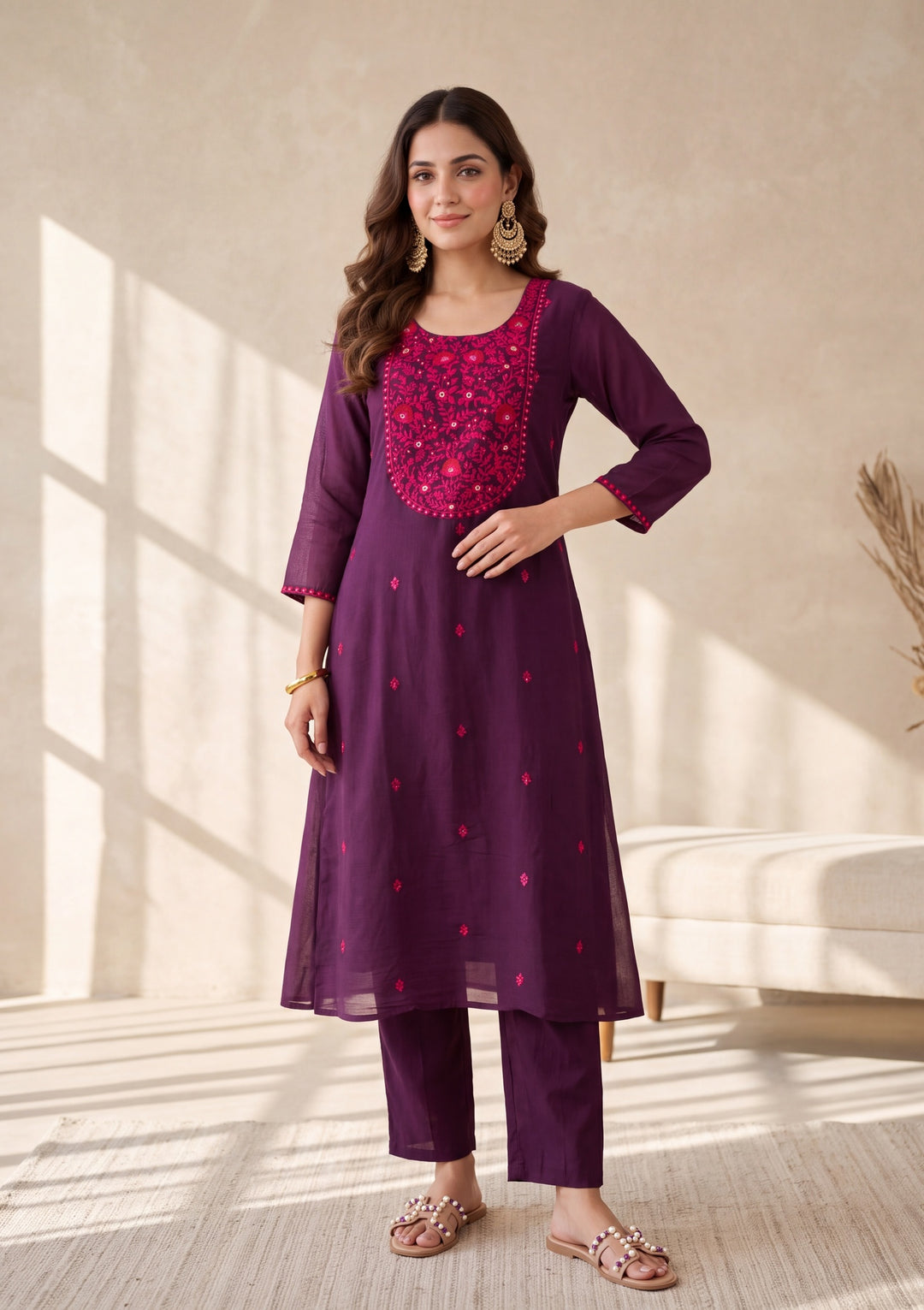 Wine Threadwork Chanderi Readymade Salwar Suit