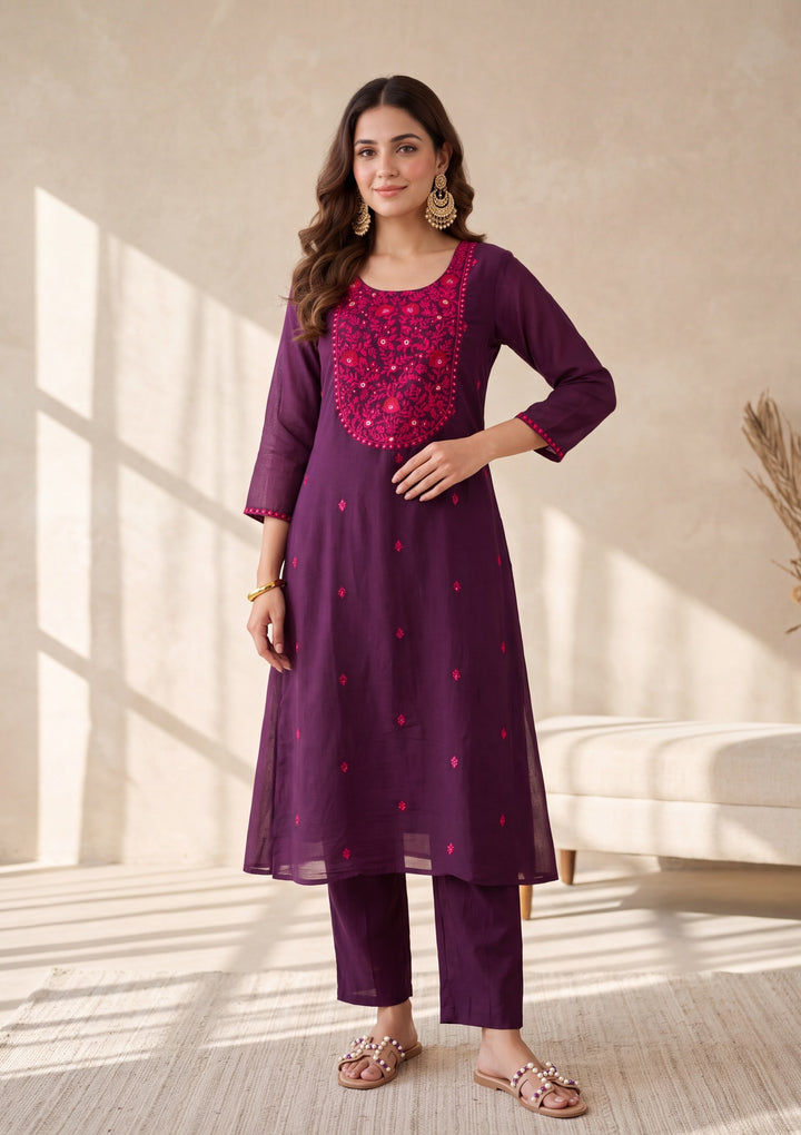 Wine Threadwork Chanderi Readymade Salwar Suit