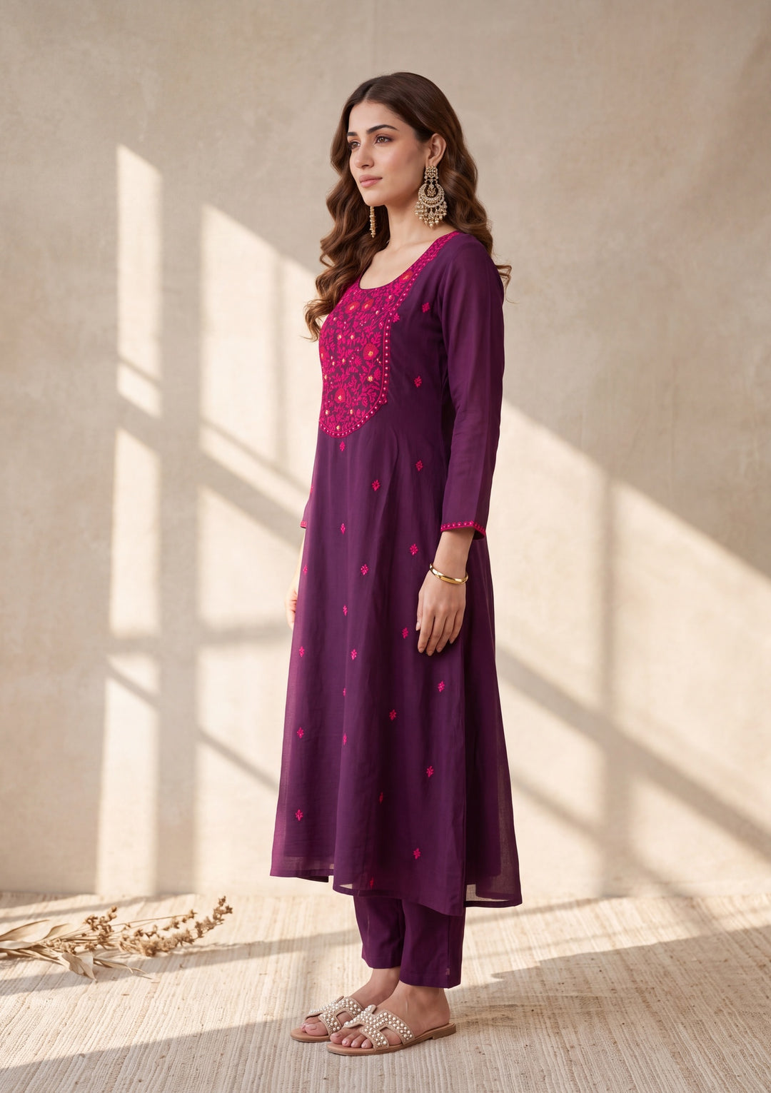 Wine Threadwork Chanderi Readymade Salwar Suit