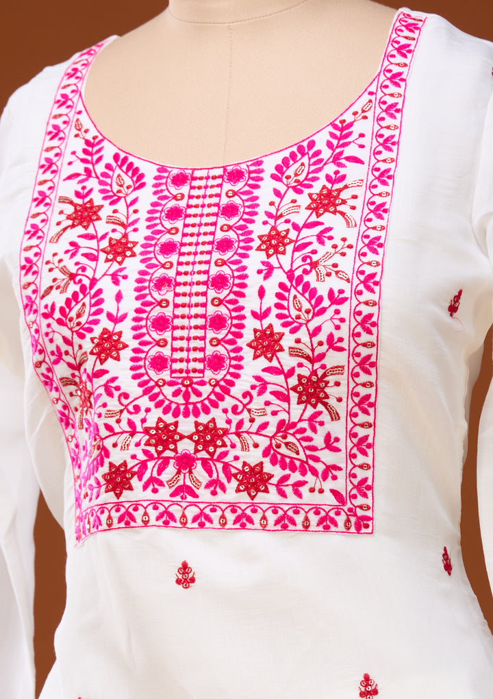 Off White Threadwork Chanderi Readymade Salwar Suit