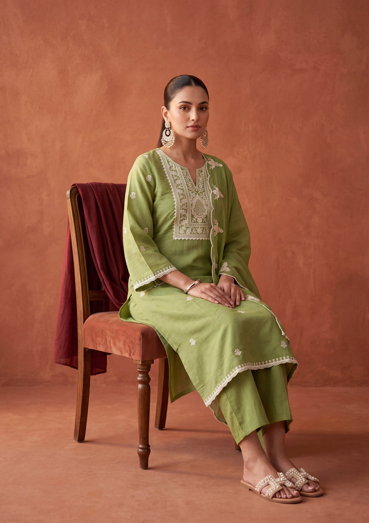 Leaf Green Cording Chanderi Readymade Salwar Suit