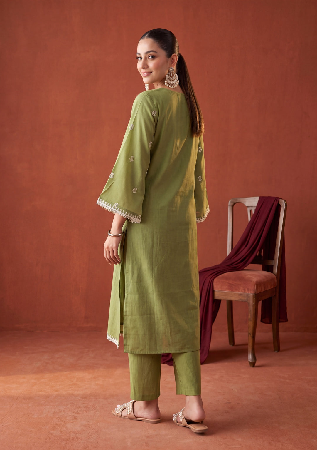 Leaf Green Cording Chanderi Readymade Salwar Suit