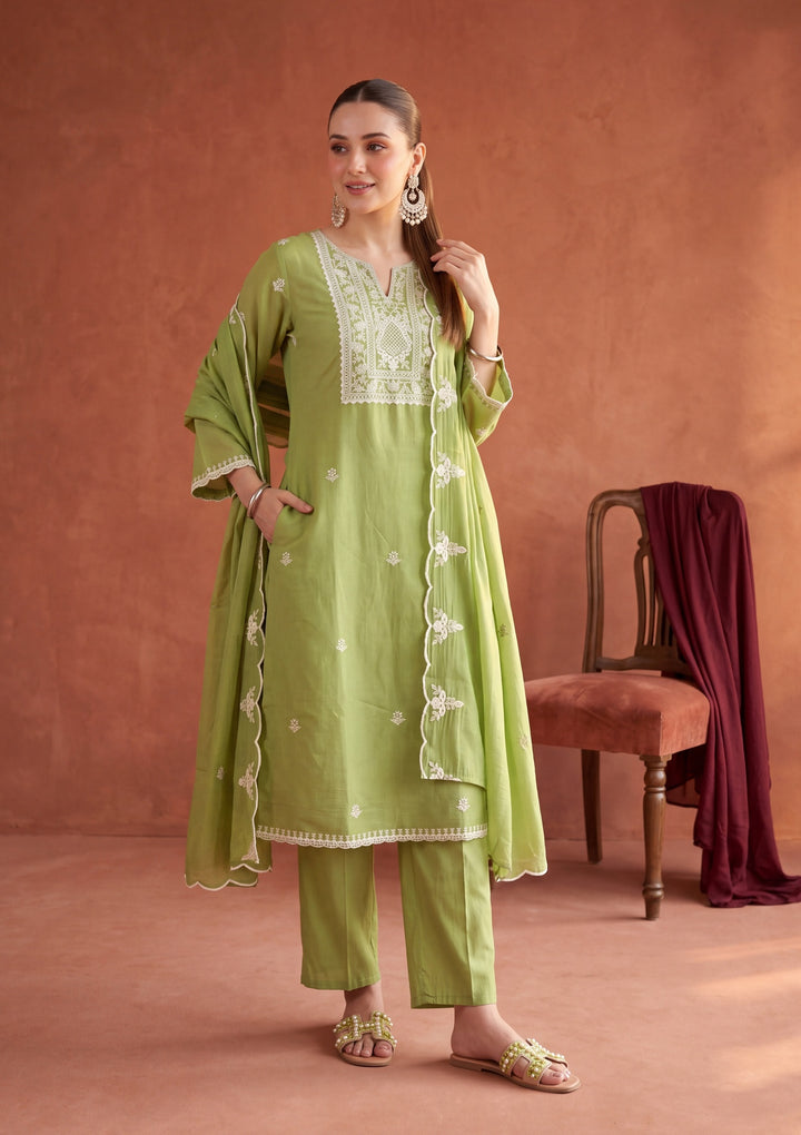 Leaf Green Cording Chanderi Readymade Salwar Suit