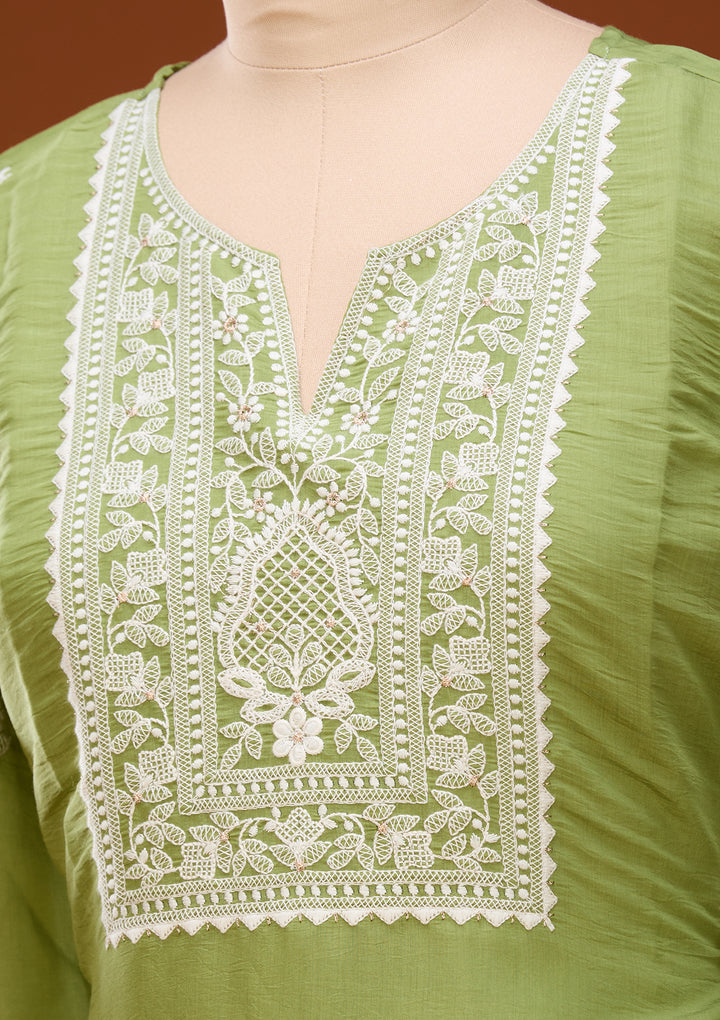Leaf Green Cording Chanderi Readymade Salwar Suit