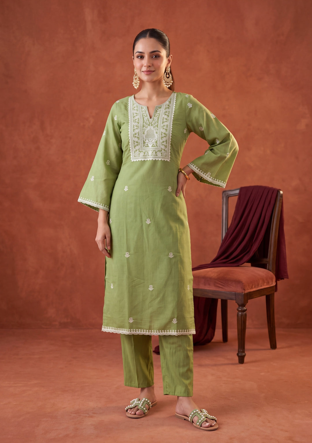 Leaf Green Cording Chanderi Readymade Salwar Suit