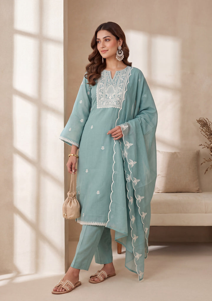 Sea Green Cording Chanderi Readymade Salwar Suit